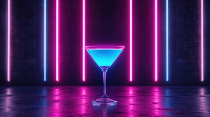 Futuristic cocktail with glowing blue liquid in a glass against vibrant neon lights in a darkened setting, ideal for nightlife and celebration themes