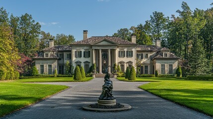 Elegant Mansion Surrounded by Lush Greenery and Sculpted Landscape