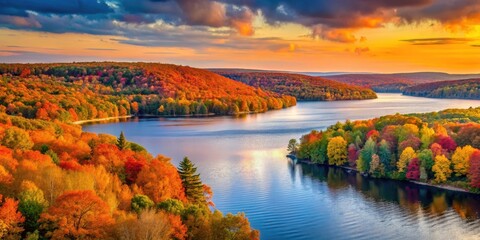 Obraz premium Lake Wallenpaupack at Sunset with Vibrant Fall Foliage, lake scenery, poconos, lake scenery