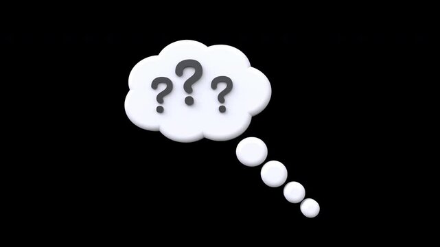 white thought bubble cloud featuring several question marks, representing thoughts and questions floating in the sky