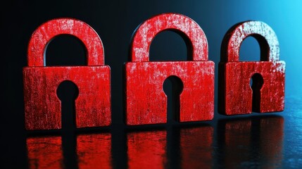 Three red padlocks in a row reflecting on a dark surface with a blue gradient background security concept