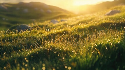 Crisp macro photography of dew on green grass, glowing with warm sunlight as the morning light filters through