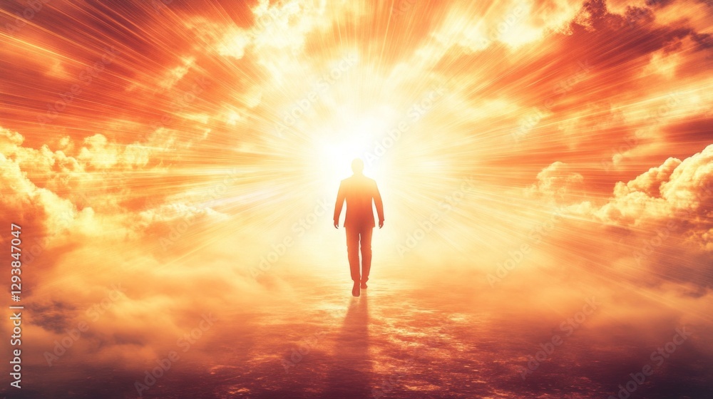 Poster a figure strides through an ethereal landscape bathed in brilliant golden and orange hues as the sun