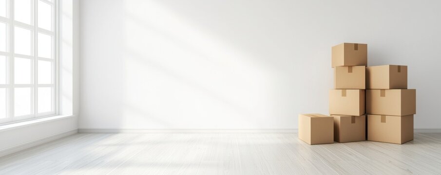 A bright, minimalistic room features stacked cardboard boxes by a window, suggesting a sense of moving or storage.