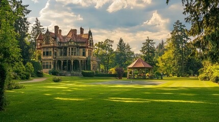 Elegant mansion with gazebo surrounded by lush greenery and trees