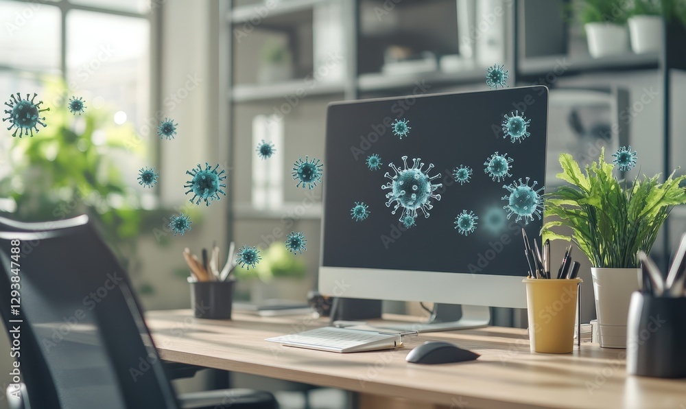Poster virus particles float around office workspace setup
