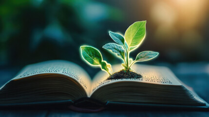 An open book with glowing pages filled with words like 'growth
