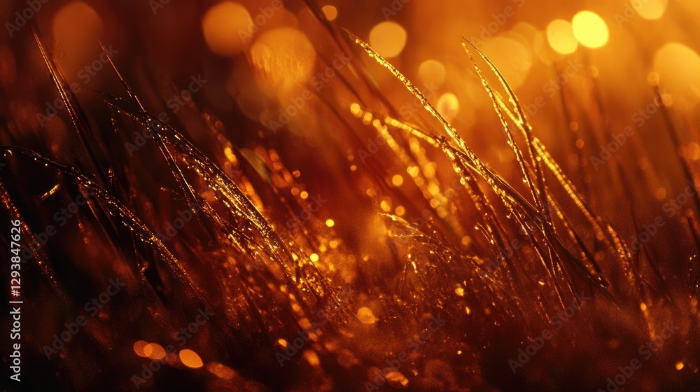 Poster dew-drenched grass close-up sparkling in the golden glow of dawn.