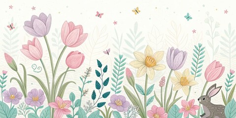 a colorful illustration of spring flowers and a bunny in bloom, butterflies and the hare in a garden