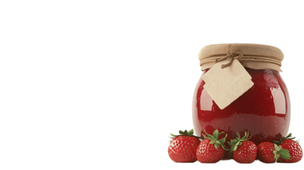 Jar of homemade strawberry jam with a rustic label, delicious and organic, isolated on a white background