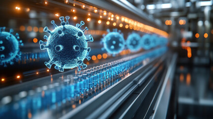 Fototapeta premium Futuristic biotech vaccine facility, nano-scale particle imaging on holographic displays, robotic syringes filling next-generation immunizations
