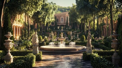 Obraz premium Serene Garden Oasis with Fountain Surrounded by Lush Greenery