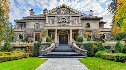 Obraz premium Elegant Luxury Mansion Surrounded by Lush Gardens and Blue Sky