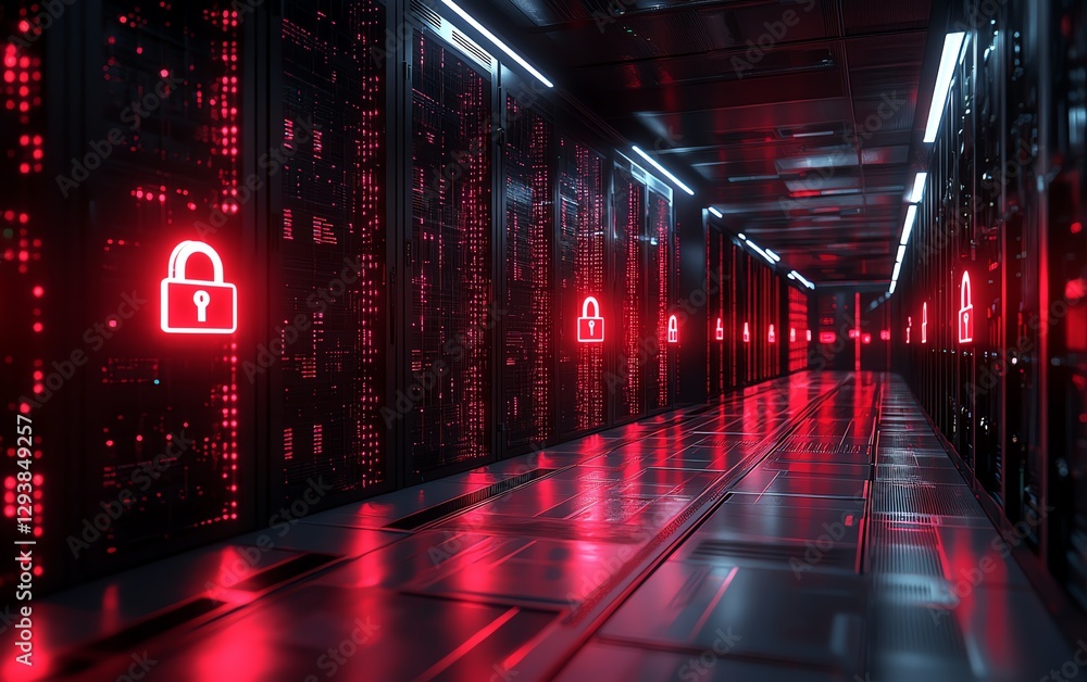 Poster detailed digital illustration of a server rack, multiple rows of servers with red lock icons, advanc