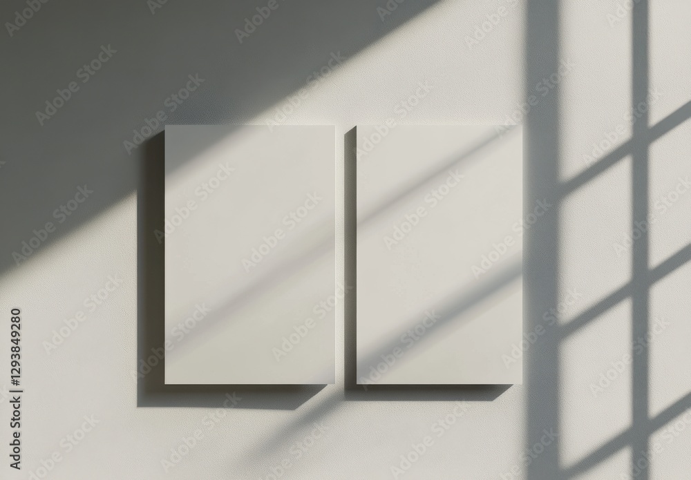 Poster minimalistic art featuring two blank canvases on a wall, with soft shadows creating a serene ambianc