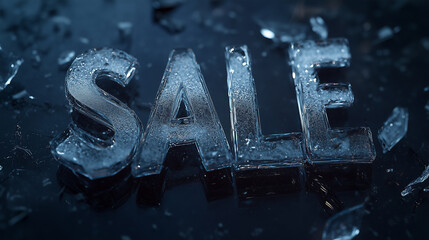 Shattered ice letters creating a striking display for a sale promotion in a dark setting