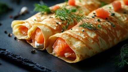 Stylish gourmet crepes rolled with smooth cream cheese and premium smoked salmon, fresh dill garnish thoughtfully arranged, plated artistically on dark matte slate,