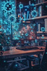 Computer workspace with floating virus-like imagery.