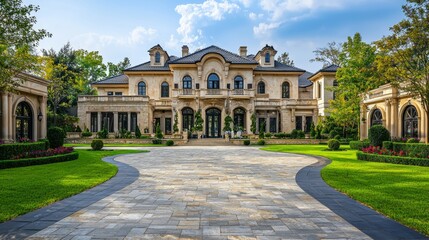 Obraz premium Elegant Mansion with Grand Entrance Surrounded by Lush Greenery