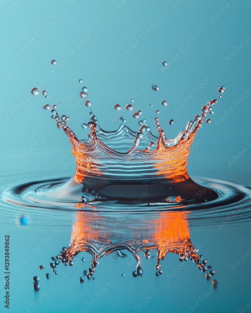 Poster captivating water drop collision creates a stunning crown shape with vibrant orange reflection on bl
