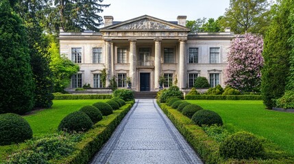 Elegant Mansion Surrounded by Lush Gardens and Scenic Pathway