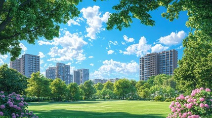 Obraz premium A meticulously crafted vector illustration captures a verdant cityscape, its buildings and streets rendered with clean lines and crisp detail. A vibrant green field serves as a natural backdrop, 