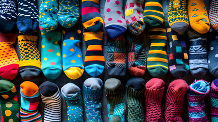 Vibrant Display of Diverse Socks in Various Patterns and Colors for Fashion and Organization