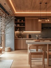 Contemporary interior kitchen with wooden design and minimalist aesthetic