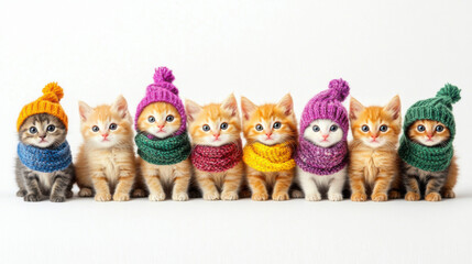 Fototapeta premium Thirty cheerful kittens wearing tiny colorful scarves and hats