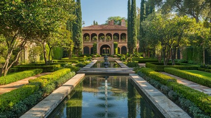 Elegant Italian Garden with Fountain and Lush Greenery Landscape