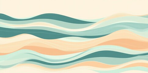 A serene abstract design featuring flowing waves in shades of teal, aqua, and peach against a soft beige background.