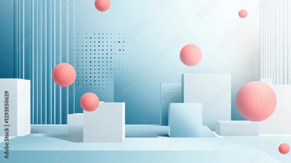 Poster a minimalist scene featuring geometric shapes and floating spheres, showcasing a modern design with 