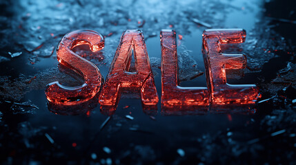 Glowing sale sign made of ice with a shiny surface reflecting light in a dark setting