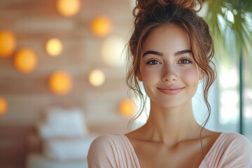 Obraz premium Joyful woman smiling in cozy indoor setting with warm lighting