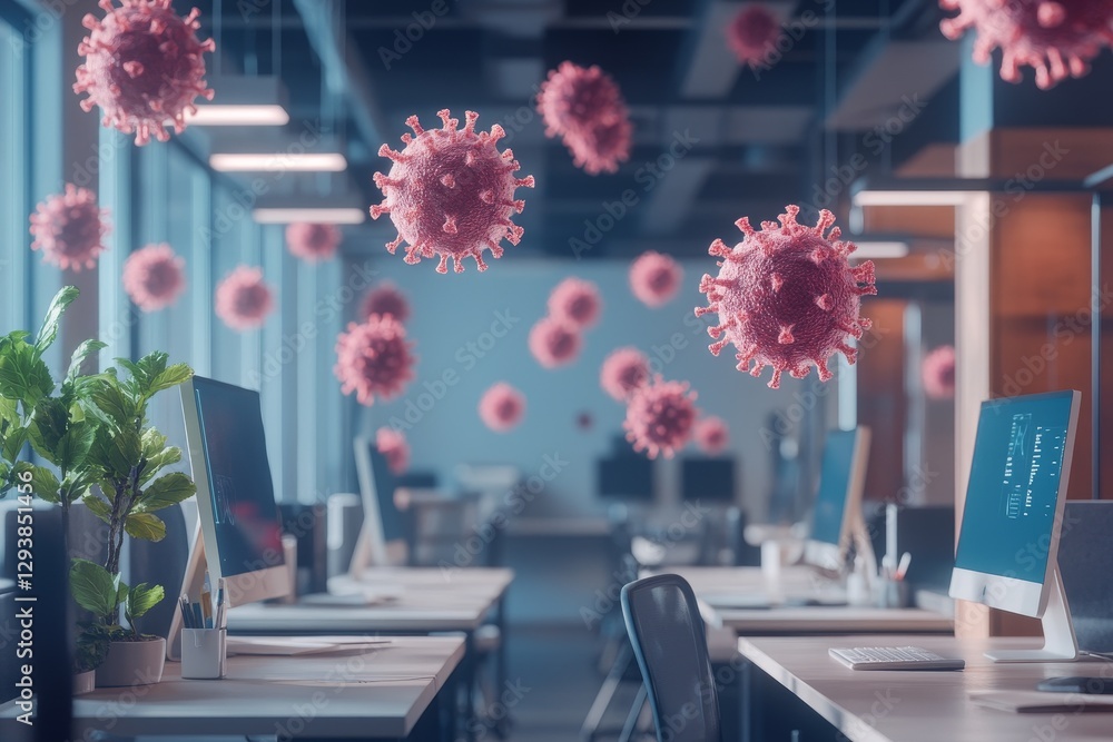 Poster office space infected with floating virus particles