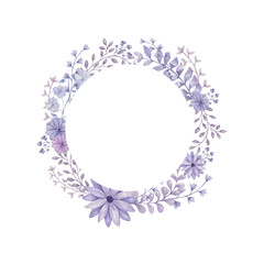 Watercolor wreath with purple leaves, purple flowers and branches