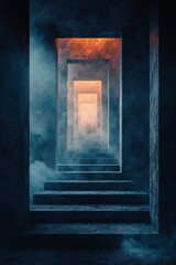 Mystical pathway of infinite doors in ethereal mist with warm light for surreal design or fantasy concept inspiration