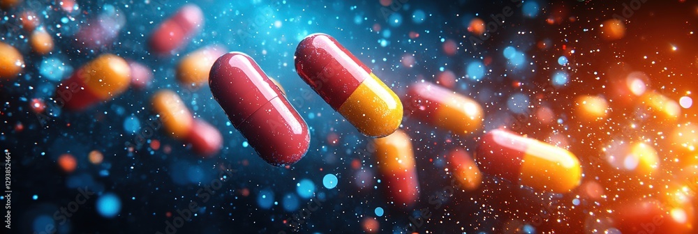 Poster colorful capsules float in a dynamic background of particles and light effects