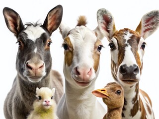 Adorable Farm Animal Family Portrait: Cow, Goose, Chick, Bunny, Goat, Horse Headshots - Tilt-Shift Photography