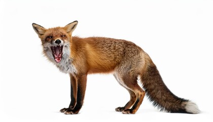 Striking Yawn of a Red Fox, Vulpes vulpes, against a Pure White Background, Capturing the Agile Grace and Serene Majesty of Natures Wild Beauty