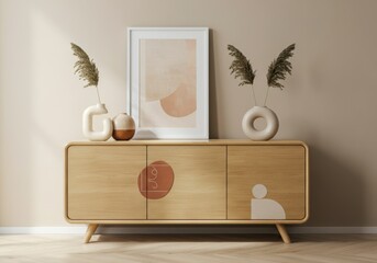 Modern wooden sideboard with decorative vases and abstract art