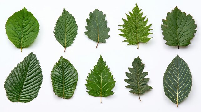 A vibrant tableau of verdant leaves, each with unique texture and veins, is artfully arranged against a pristine white background, creating a sense of depth and clarity. 