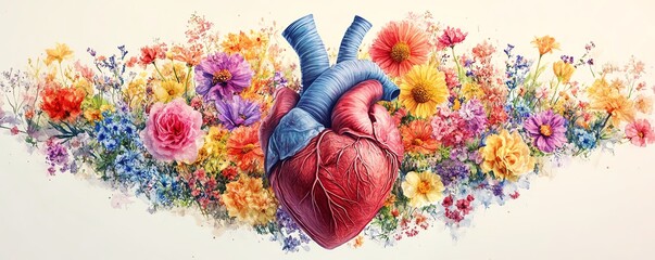 human heart surrounded by colorful flowers