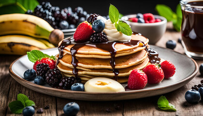 Delicious Pancakes with Chocolate Sauce and Fresh Berries