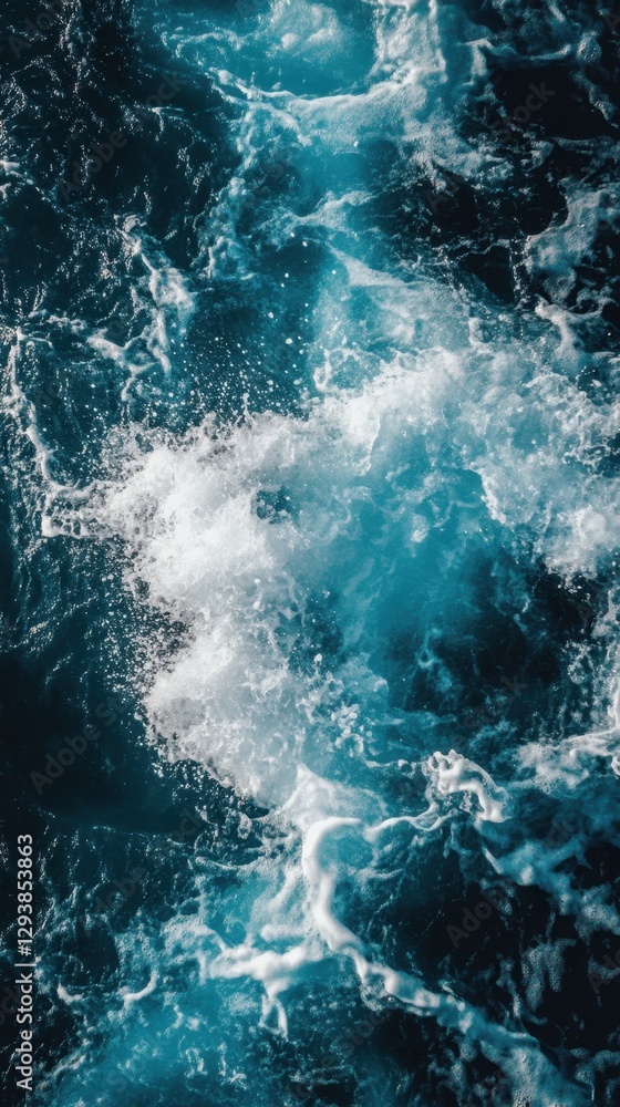 Poster aerial view of turquoise ocean water creating dynamic patterns of foam and splash in a captivating s