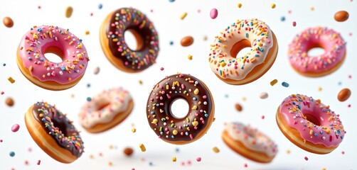 Collection of colorful donuts with sprinkles, toppings flying on cutout background. Assorted delicious pastry desserts. Mockup template. Perfect for cafes, snack shops menu, advertising, branding,
