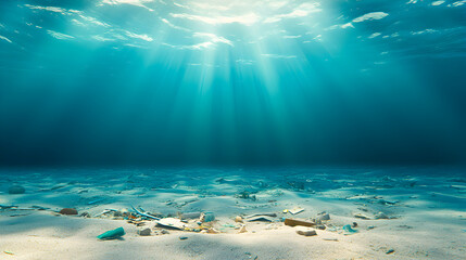 Sunlight beams down into the deep ocean, illuminating the underwater landscape filled with scattered debris. Ideal for environmental awareness and ocean conservation themes. Selective focus