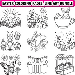 Easter coloring pages, coloring page, line art illustration 