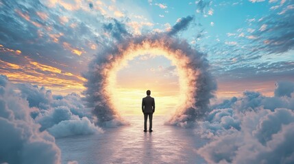 Surreal Dreamscape Man in Suit Contemplates Luminous Portal Among Clouds at Sunset