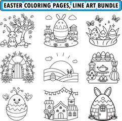 Easter coloring pages, coloring page, line art illustration 